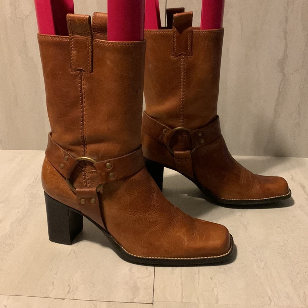 Aerosoles Women's Brown Leather Harness Block Heel Square Toe Ankle Boots Size 8